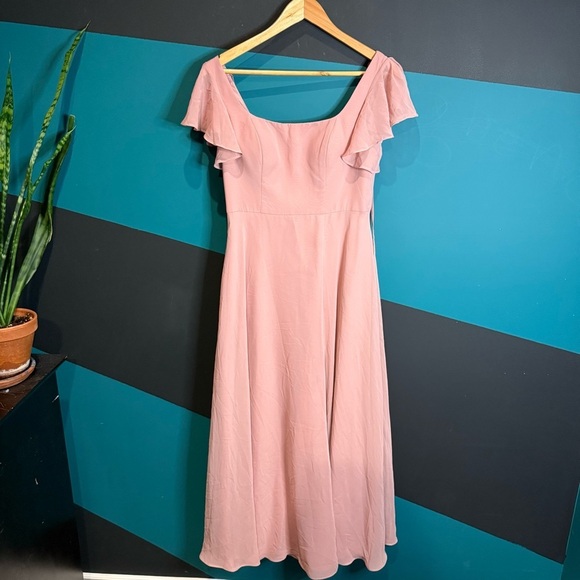 Azazie Bondi Pink Maxi Gown Rosette A-Line Ruffled Chiffon Dress size A6 - Picture 7 of 16